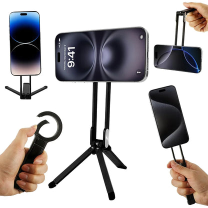 Portable Alloy Magnetic Phone Tripod Dual-Sided Foldable Desk Stand Carabiner Design with 3 Magnetic Rings for iPhone 14 15 16