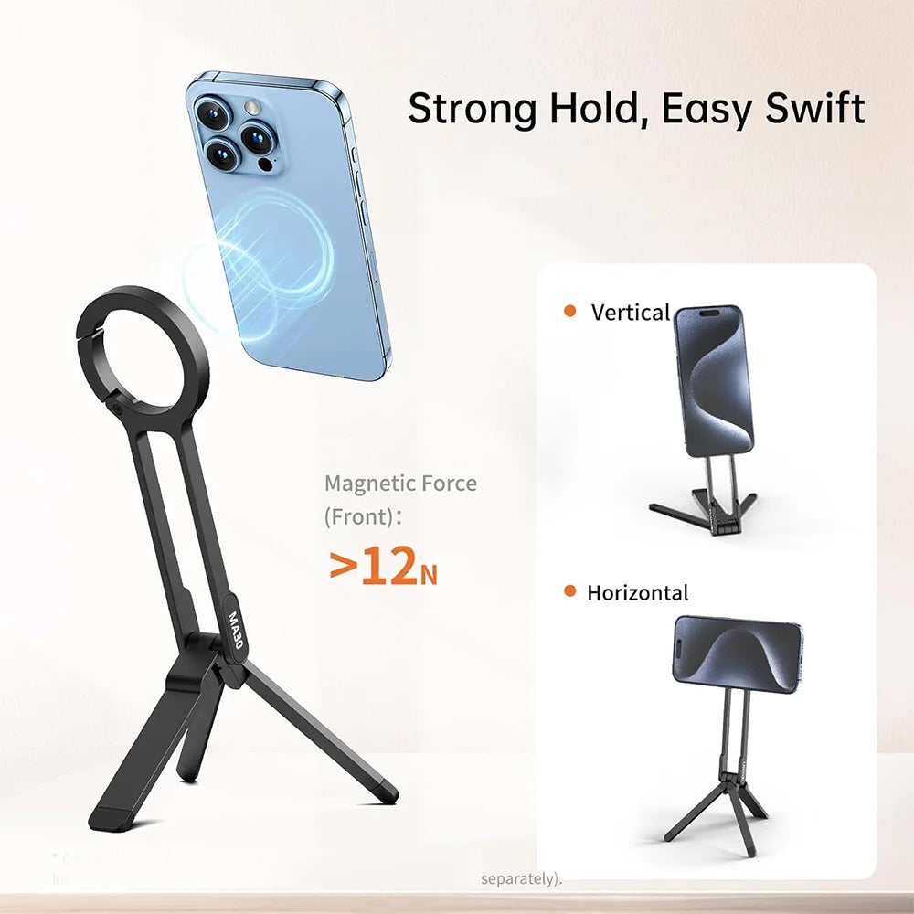 Portable Alloy Magnetic Phone Tripod Dual-Sided Foldable Desk Stand Carabiner Design with 3 Magnetic Rings for iPhone 14 15 16
