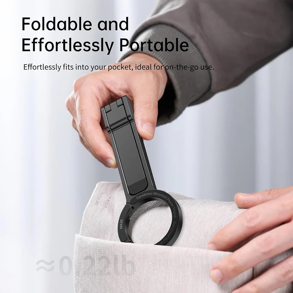 Portable Alloy Magnetic Phone Tripod Dual-Sided Foldable Desk Stand Carabiner Design with 3 Magnetic Rings for iPhone 14 15 16