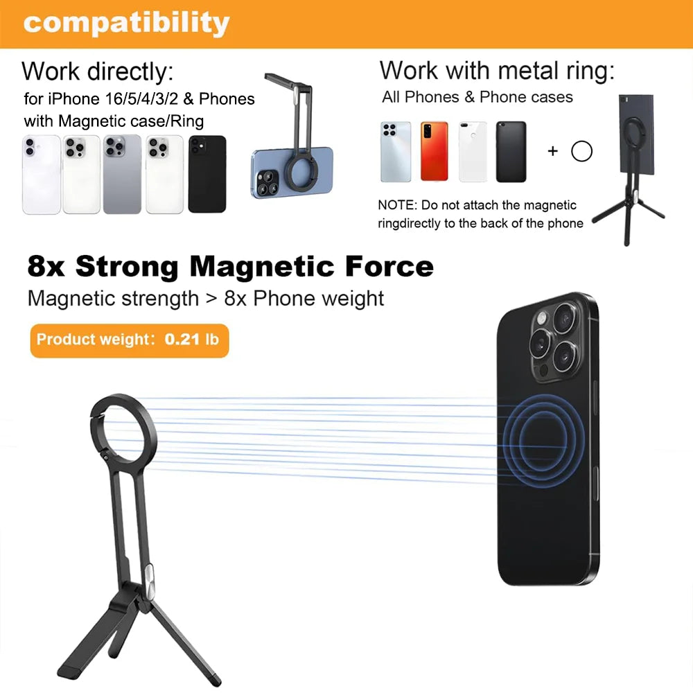 Portable Alloy Magnetic Phone Tripod Dual-Sided Foldable Desk Stand Carabiner Design with 3 Magnetic Rings for iPhone 14 15 16