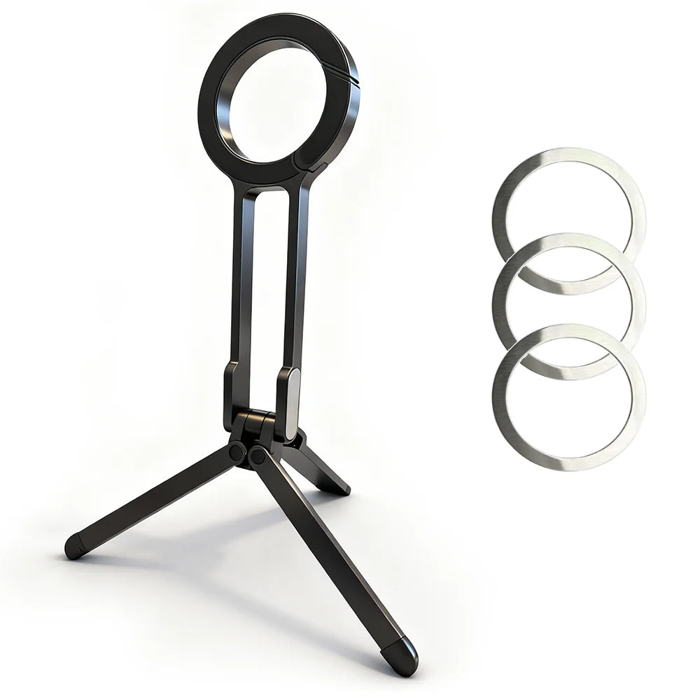 Portable Alloy Magnetic Phone Tripod Dual-Sided Foldable Desk Stand Carabiner Design with 3 Magnetic Rings for iPhone 14 15 16