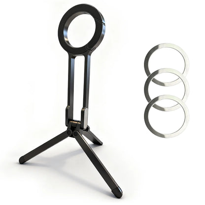 Portable Alloy Magnetic Phone Tripod Dual-Sided Foldable Desk Stand Carabiner Design with 3 Magnetic Rings for iPhone 14 15 16