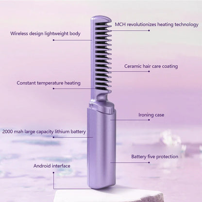 110-220V 2000mAh Battery Straightener Brush Hair Straightener Brush 3 Levels Anti-Scald Heat Up Cordless Rechargeable Hot Comb