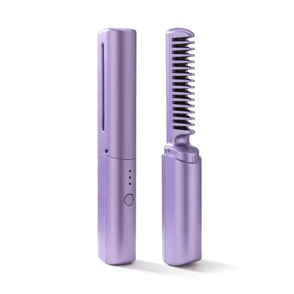 110-220V 2000mAh Battery Straightener Brush Hair Straightener Brush 3 Levels Anti-Scald Heat Up Cordless Rechargeable Hot Comb