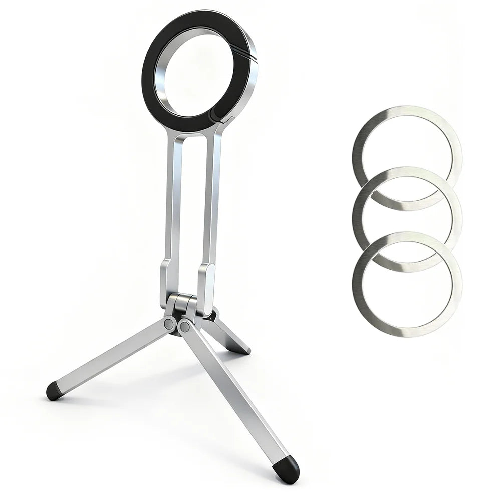 Portable Alloy Magnetic Phone Tripod Dual-Sided Foldable Desk Stand Carabiner Design with 3 Magnetic Rings for iPhone 14 15 16