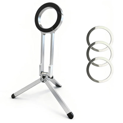 Portable Alloy Magnetic Phone Tripod Dual-Sided Foldable Desk Stand Carabiner Design with 3 Magnetic Rings for iPhone 14 15 16