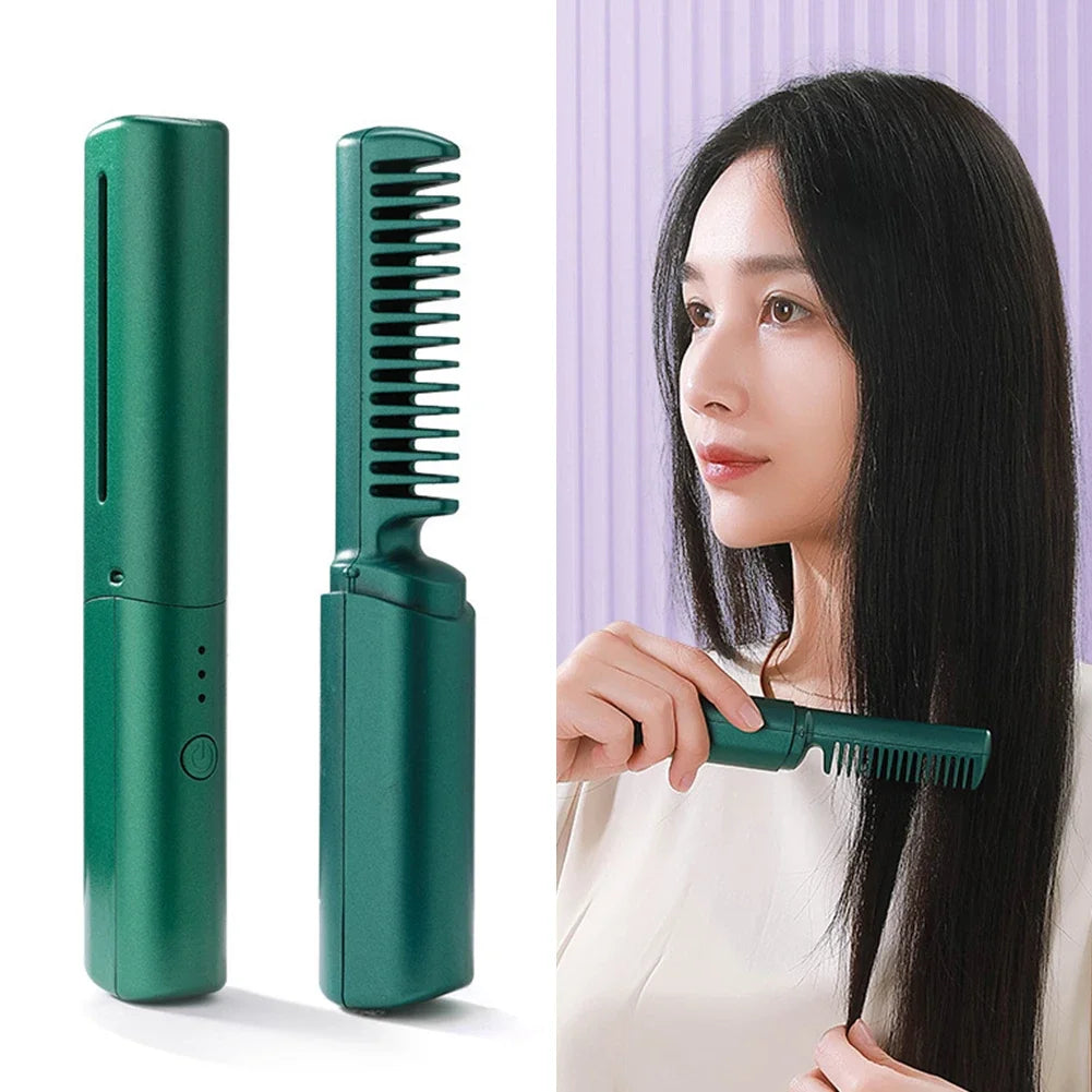 110-220V 2000mAh Battery Straightener Brush Hair Straightener Brush 3 Levels Anti-Scald Heat Up Cordless Rechargeable Hot Comb